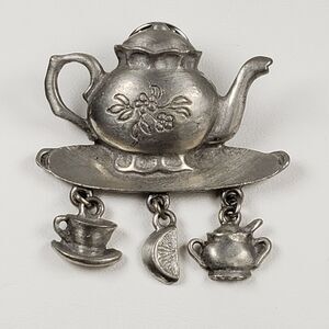 Vintage Signed LCD 1980's Pewter Tea Pot Charms Pin Brooch